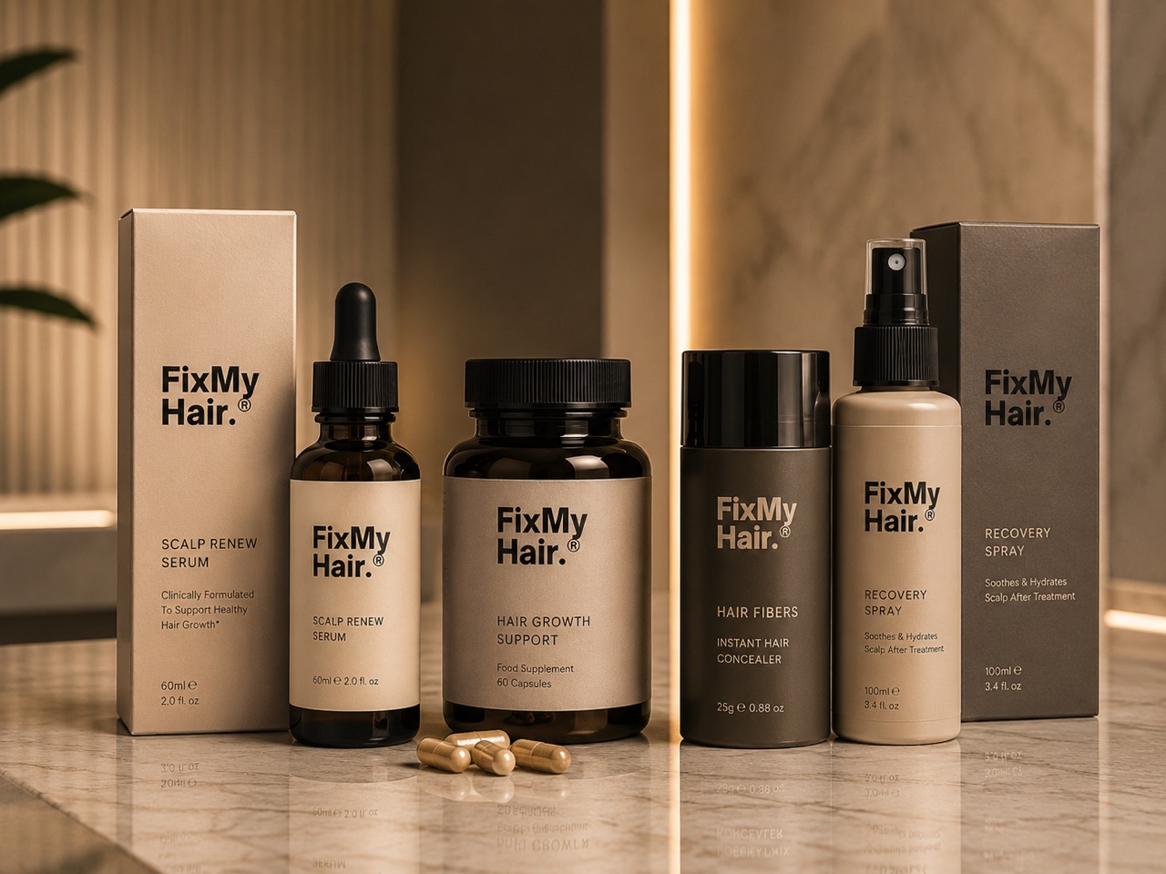 Fix My Hair product range — serum, supplements, hair fibres and recovery spray