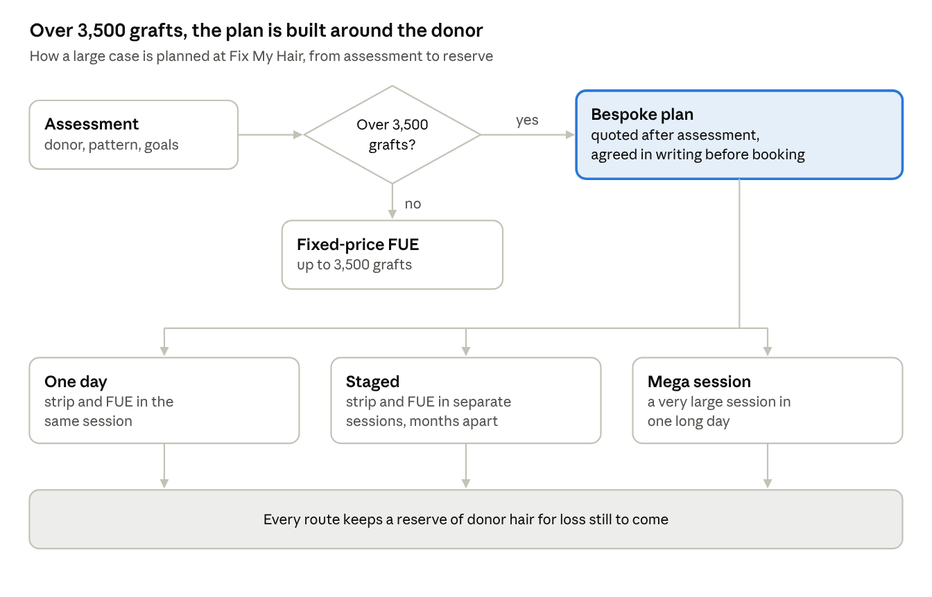 Over 3,500 grafts, the plan is built around the donor